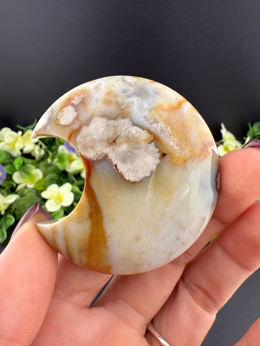 Pink Amethyst w/ Flower Agate Moon Carving
