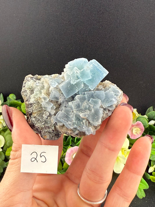 Blue Cubic Fluorite on Druzy Quartz Specimens