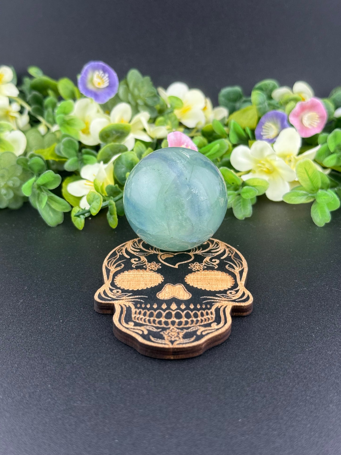 Etched Wooden Skull Sphere Stand