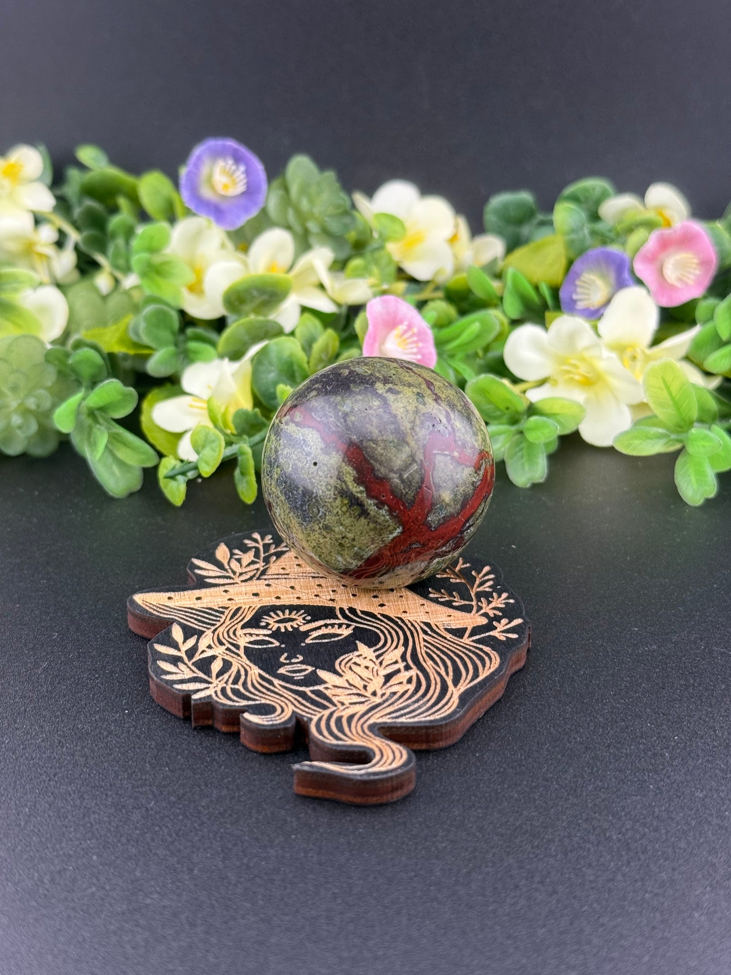 Etched Wooden Witch Sphere Stand