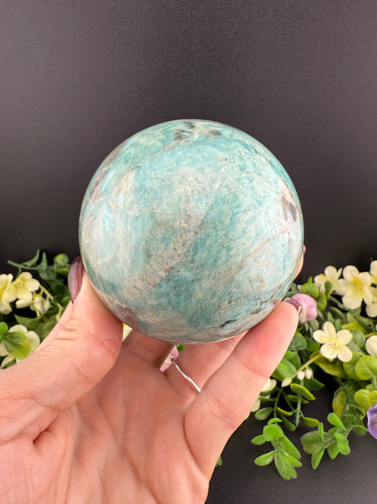 Big Amazonite w/ Smoky Quartz Sphere
