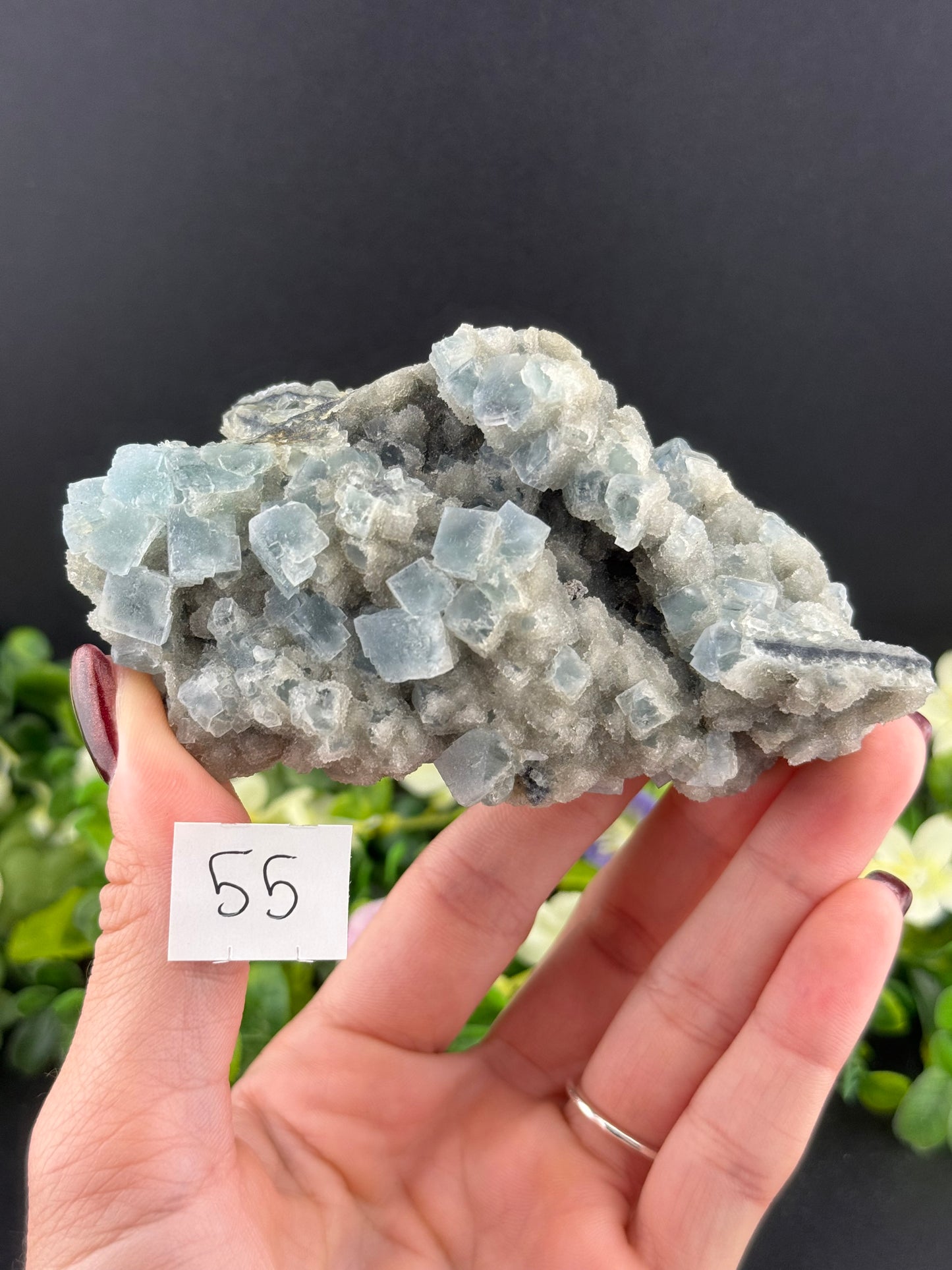 Blue Cubic Fluorite on Druzy Quartz Specimens