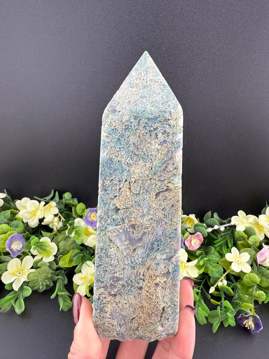 Large Moss Agate w/ Quartz Tower
