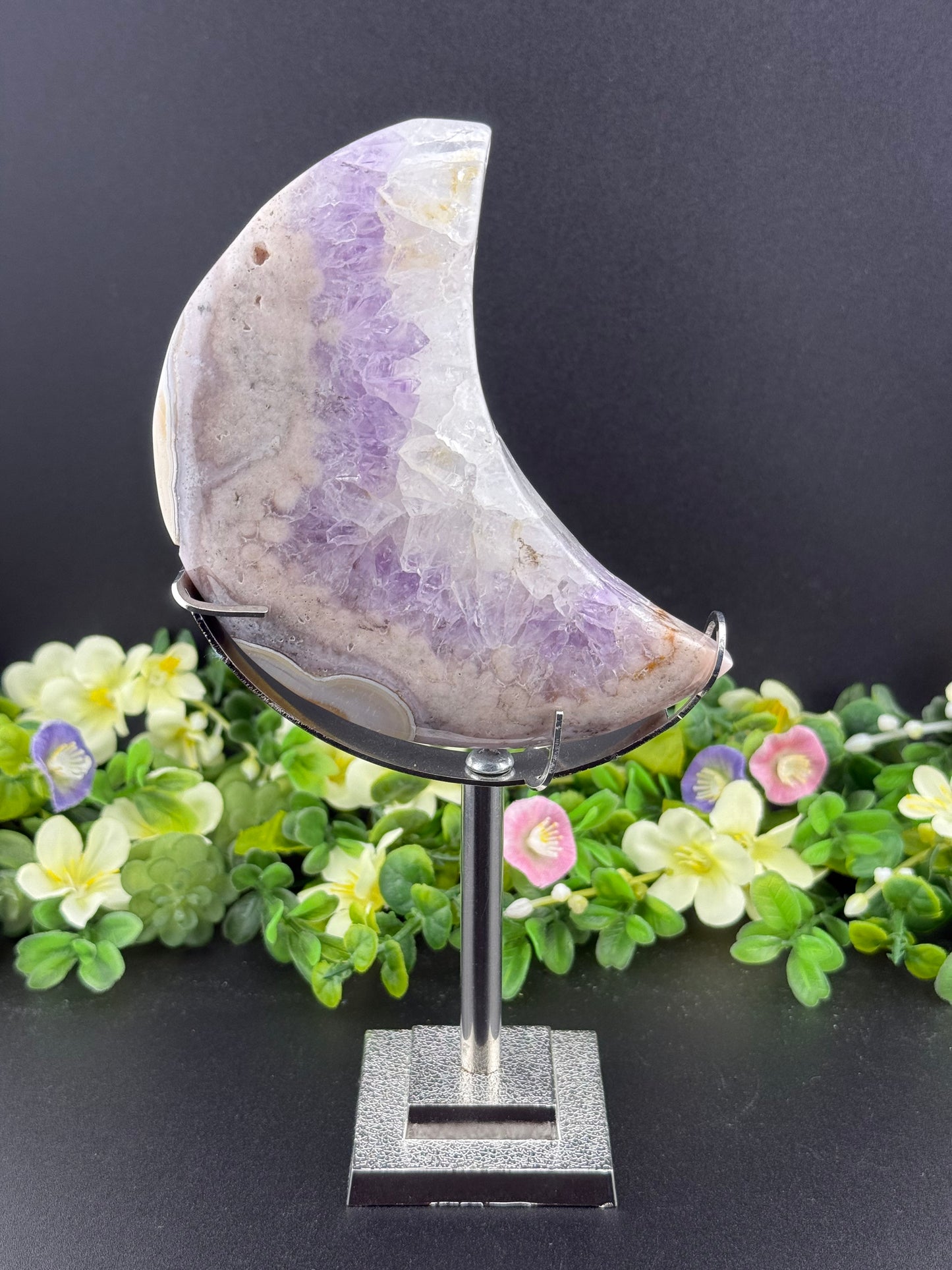 Large Pink Amethyst, Amethyst, Agate, & Quartz Moon