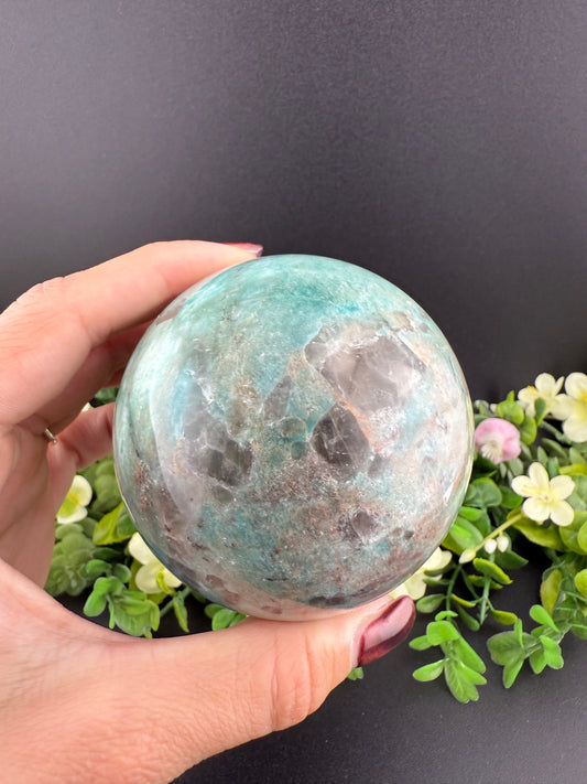Big Amazonite w/ Smoky Quartz Sphere