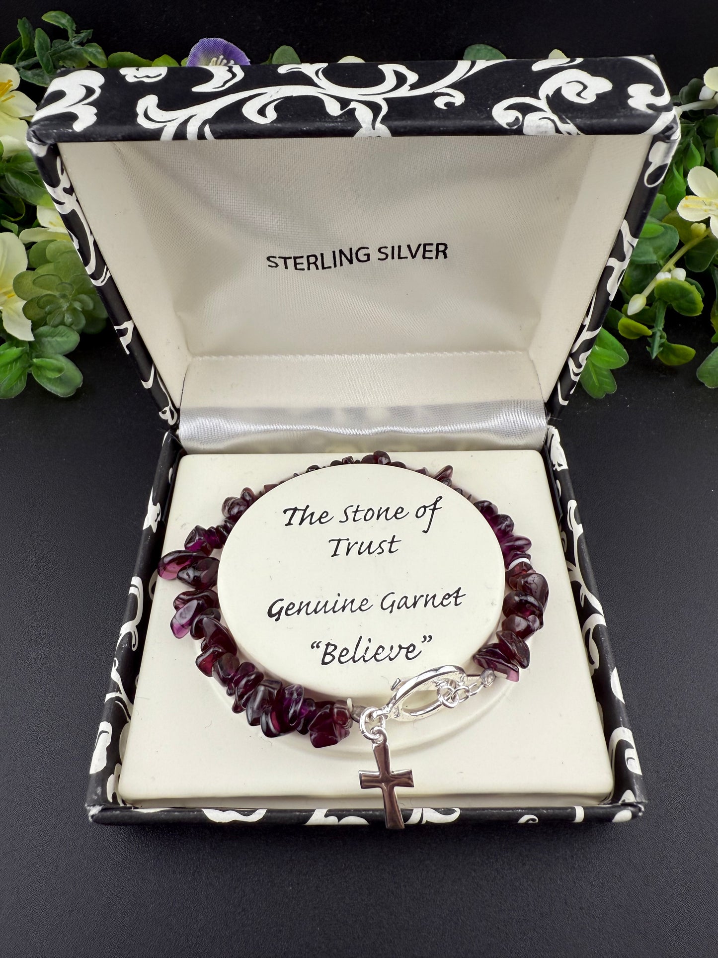 Garnet Chip Bracelet w/ Cross Charm