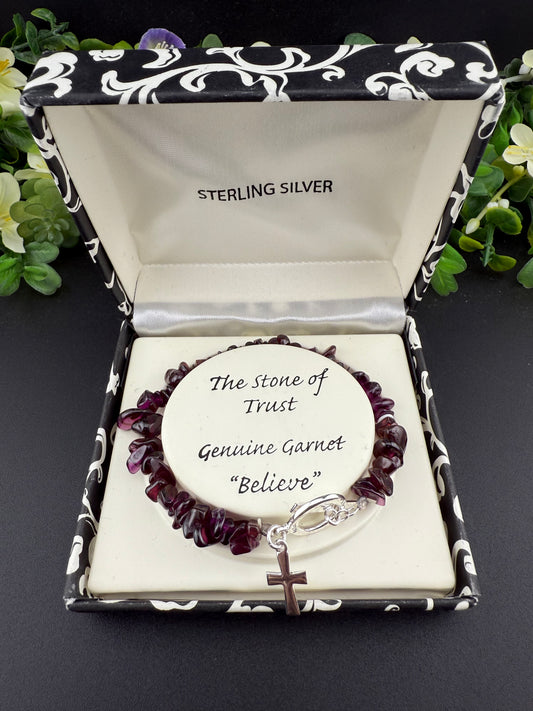 Garnet Chip Bracelet w/ Cross Charm