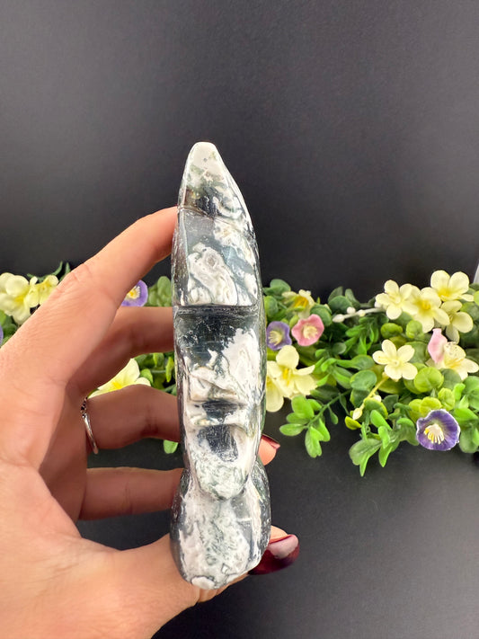 Moss Agate Standing Moon Face Carving