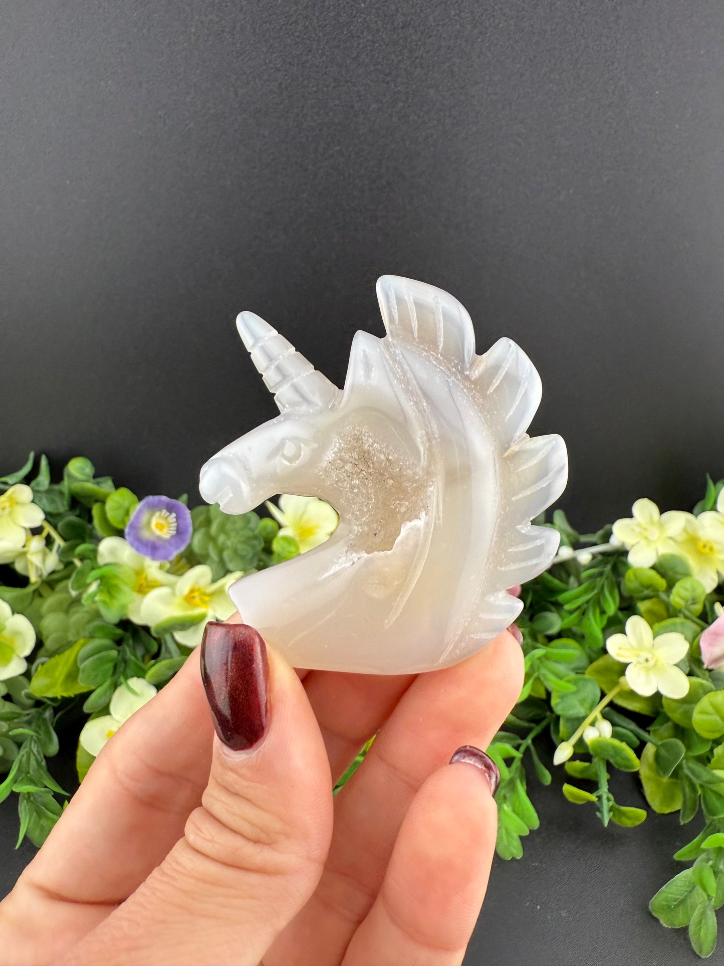 Druzy Agate Unicorn Head Carving