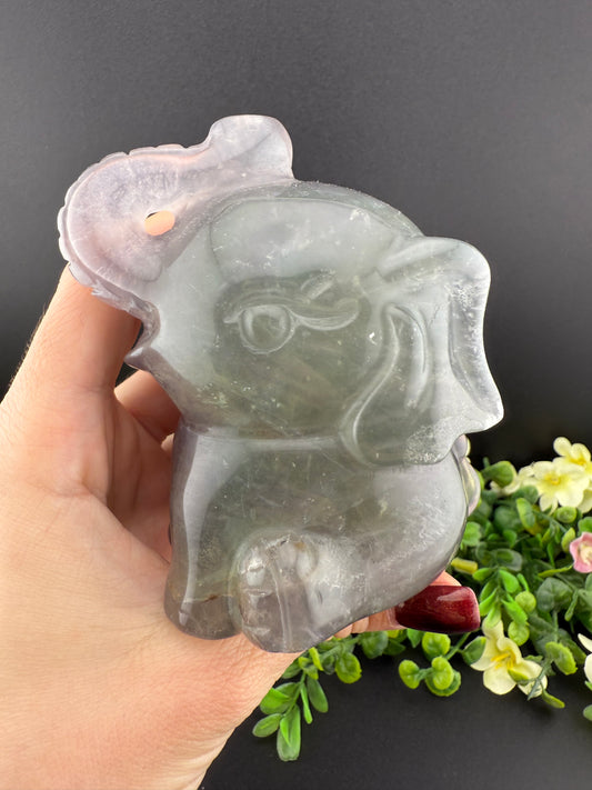 Rainbow Fluorite Elephant Carving w/ Mica Inclusions