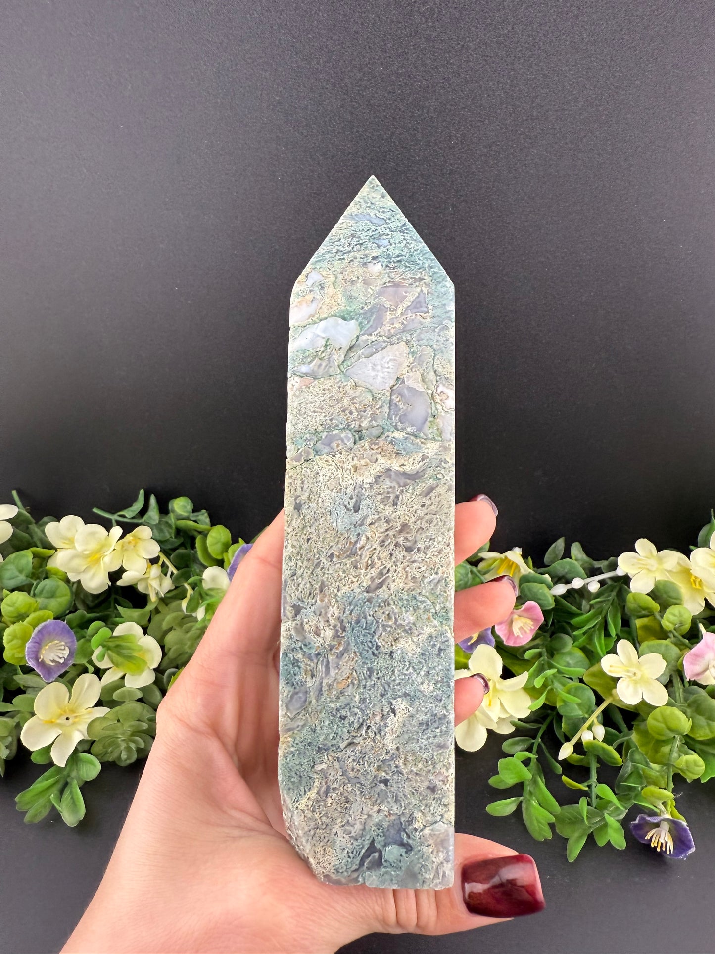Large Moss Agate w/ Quartz Tower