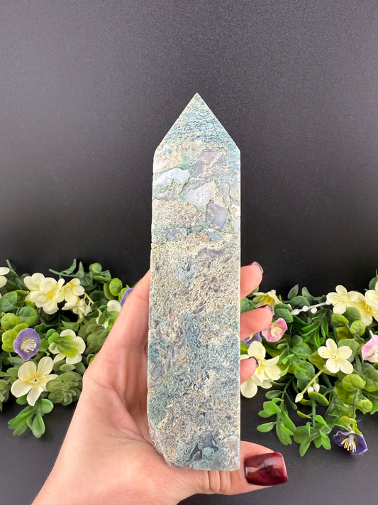 Large Moss Agate w/ Quartz Tower