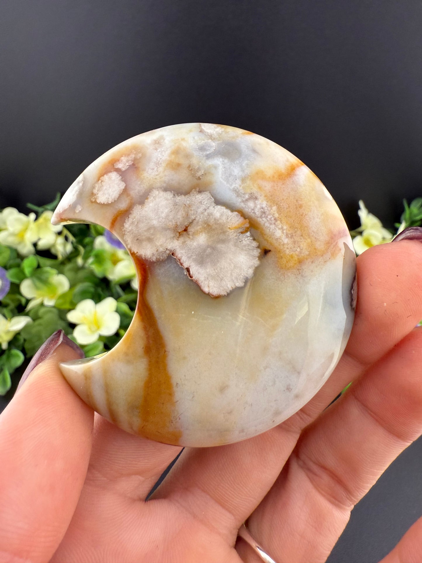 Pink Amethyst w/ Flower Agate Moon Carving