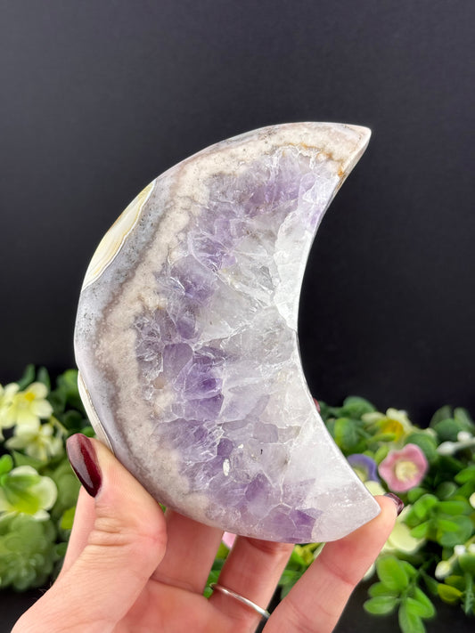Large Pink Amethyst, Amethyst, Agate, & Quartz Moon