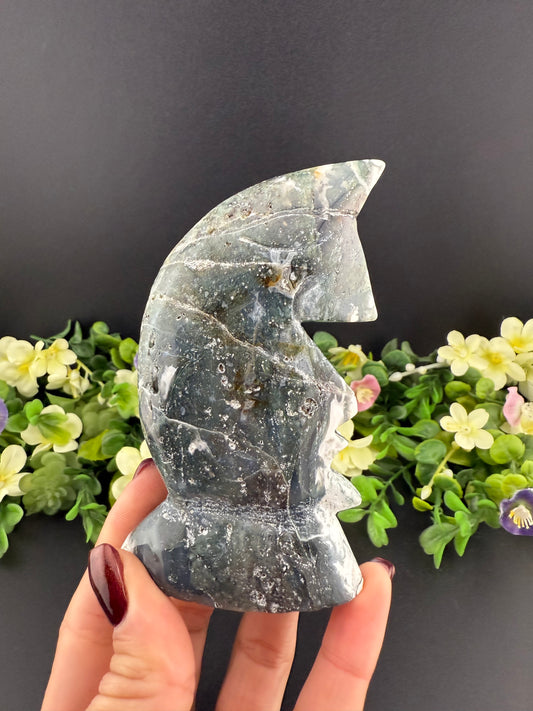 Moss Agate Standing Moon Face Carving