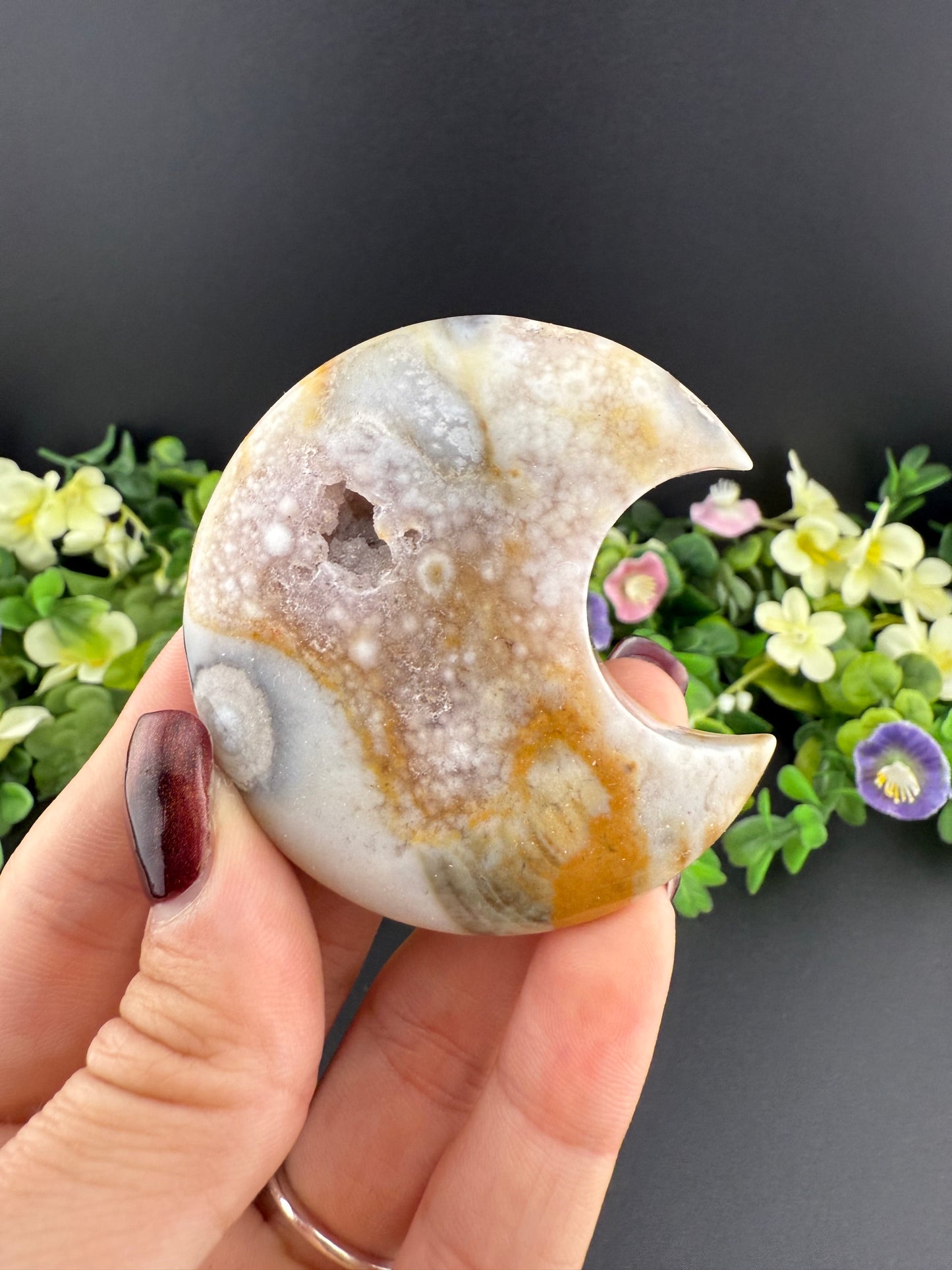 Pink Amethyst w/ Flower Agate Moon Carving