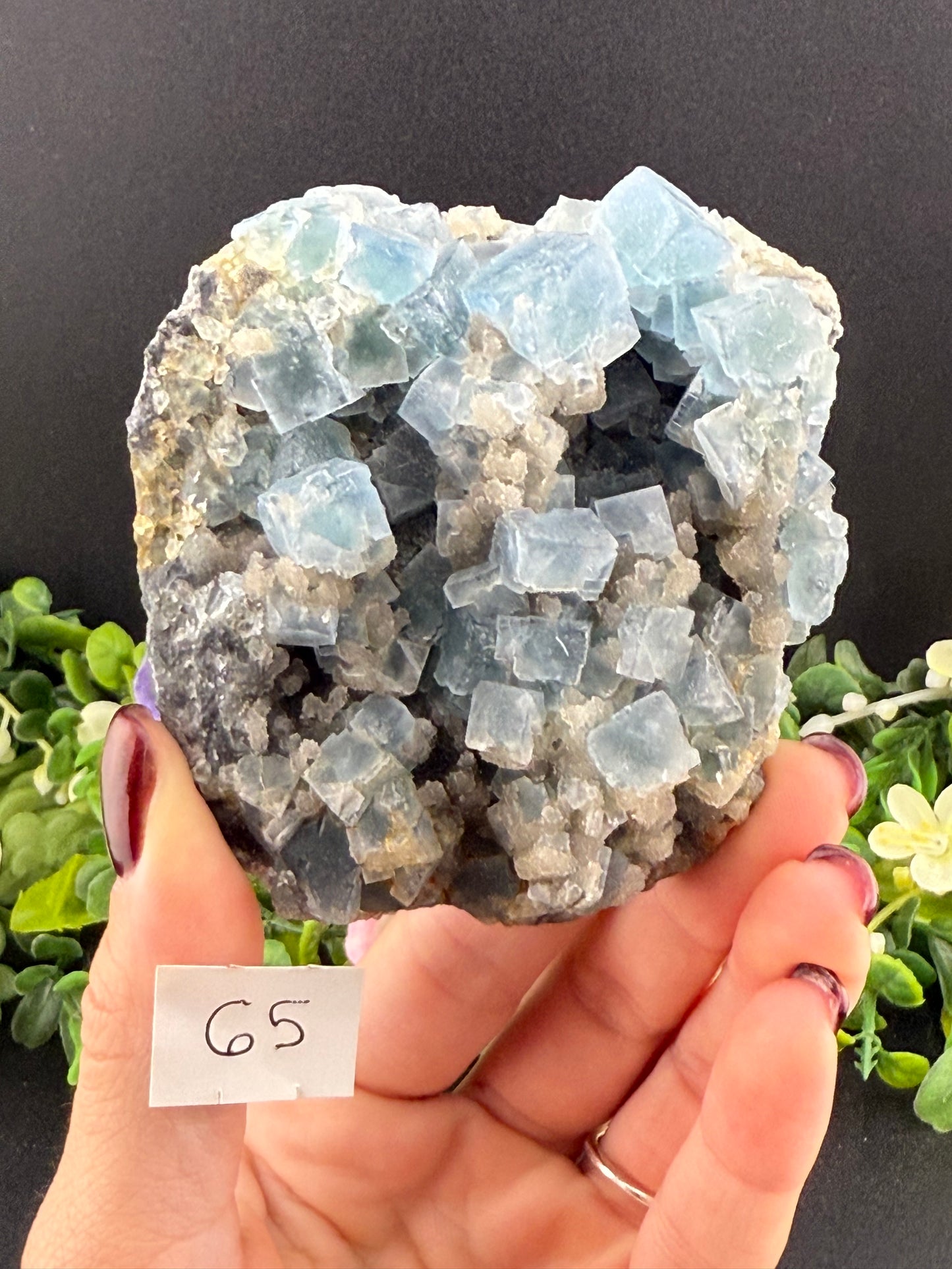 Blue Cubic Fluorite on Druzy Quartz Specimens