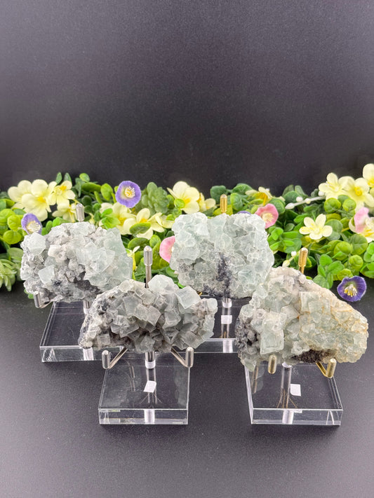 Green Cubic Fluorite on Druzy Quartz Specimens