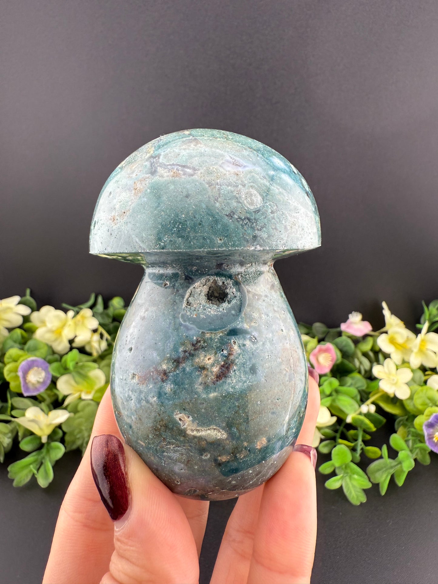 Large Druzy Moss Agate Mushroom